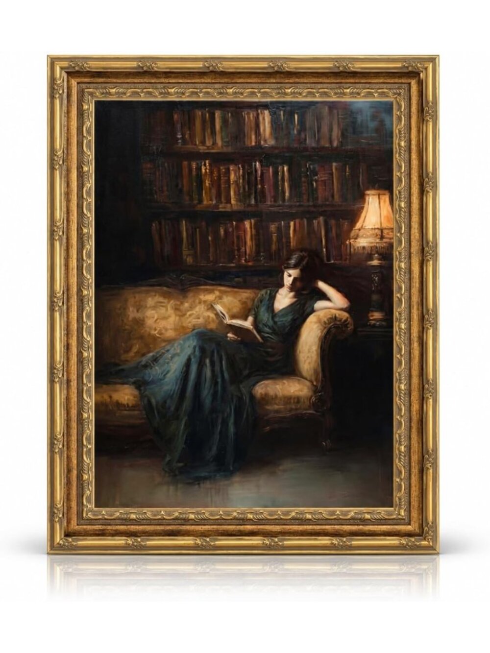 Vintage Gold Framed Wall Art | Dark Academia Victorian Woman Reading Canvas